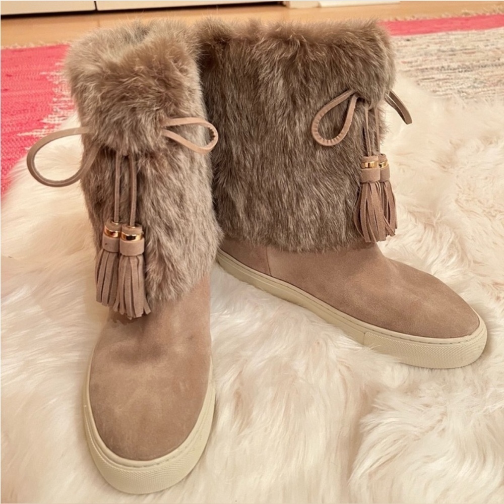 Tory Burch authentic Anjelica Suede and Rabbit Fur Boot Dark Knot sz 9 NEW - Picture 2 of 9